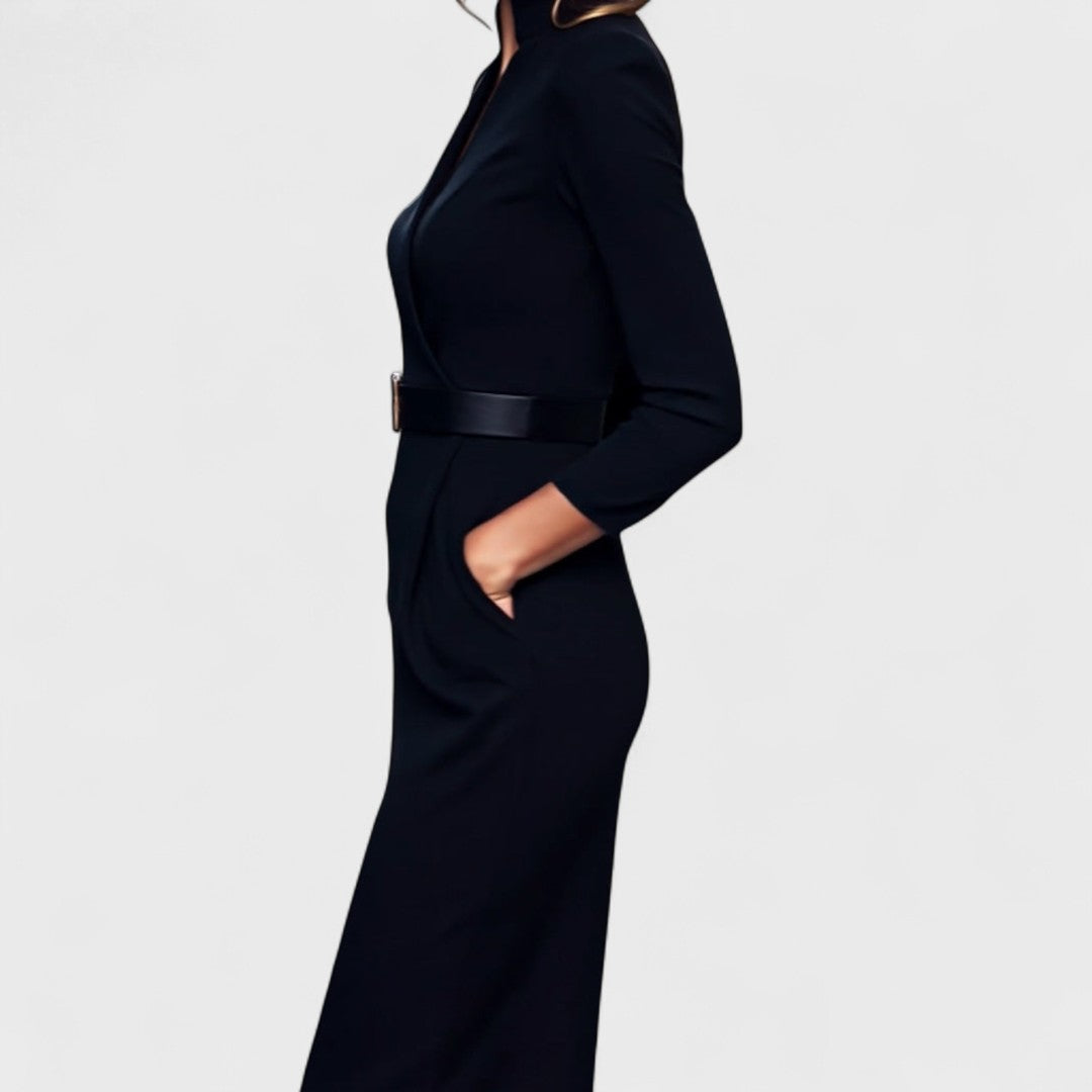 Mandarin | Refined black dress with belt and mandarin collar