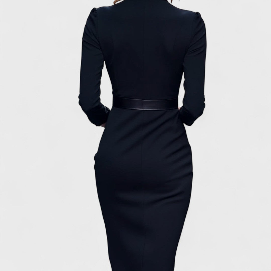 Mandarin | Refined black dress with belt and mandarin collar
