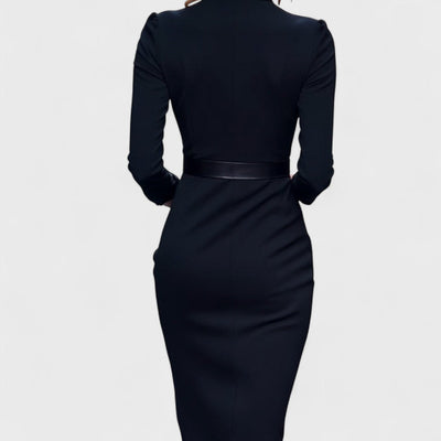Mandarin | Refined black dress with belt and mandarin collar